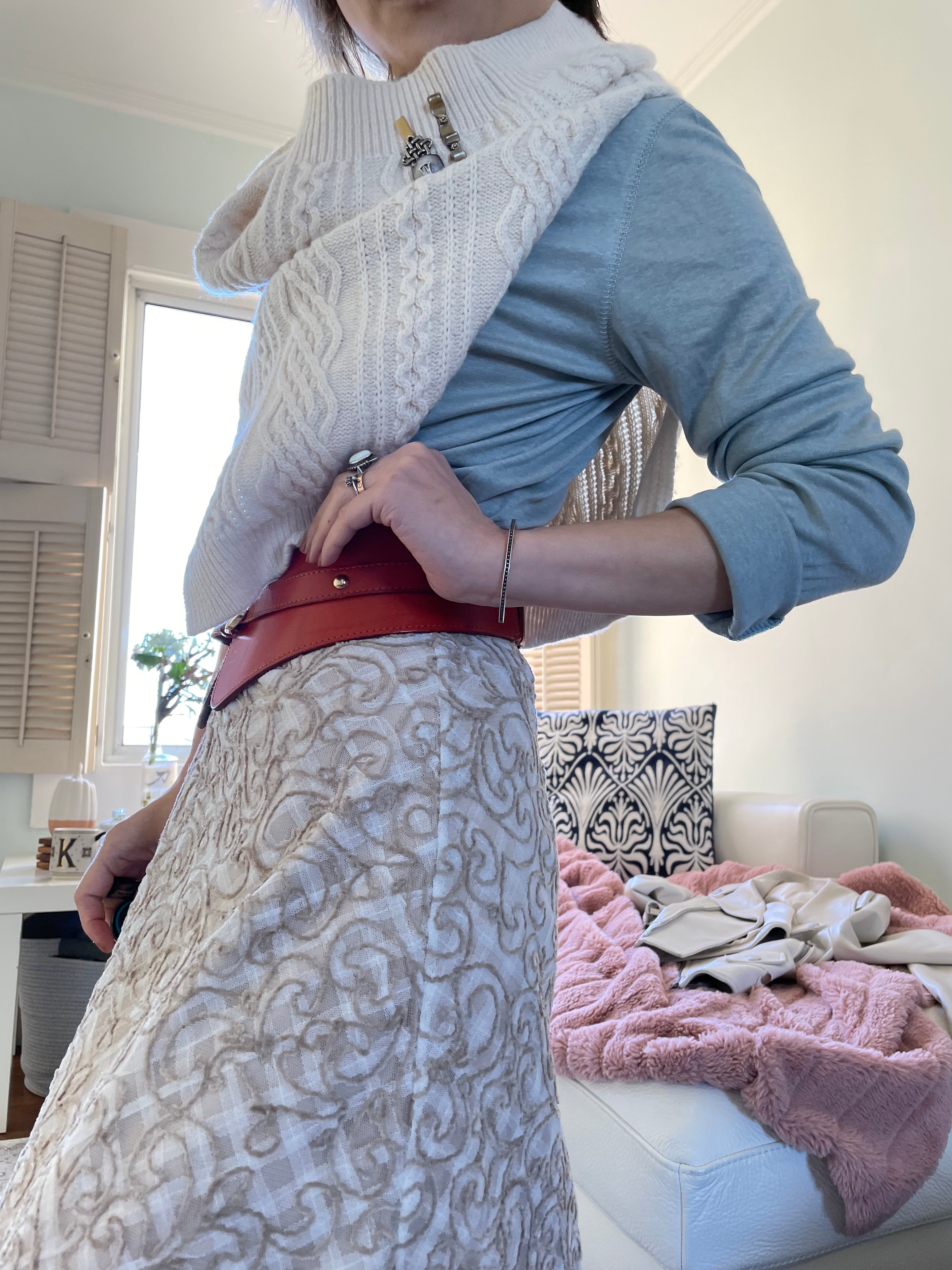 Cream Mesh Lace Embroidery Midi Skirt HKD 1680
