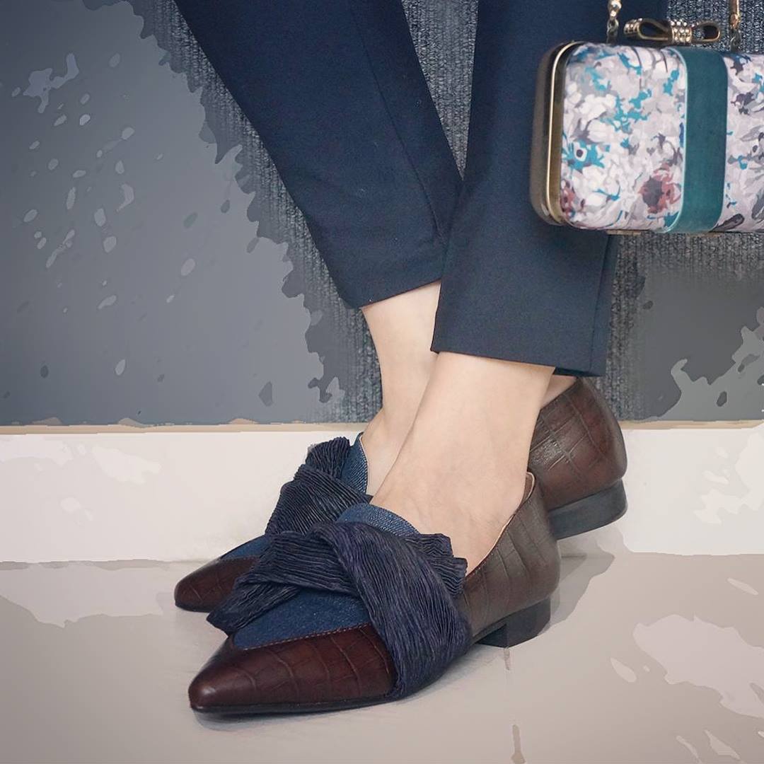 Leather Bow Loafers with Denim Instep