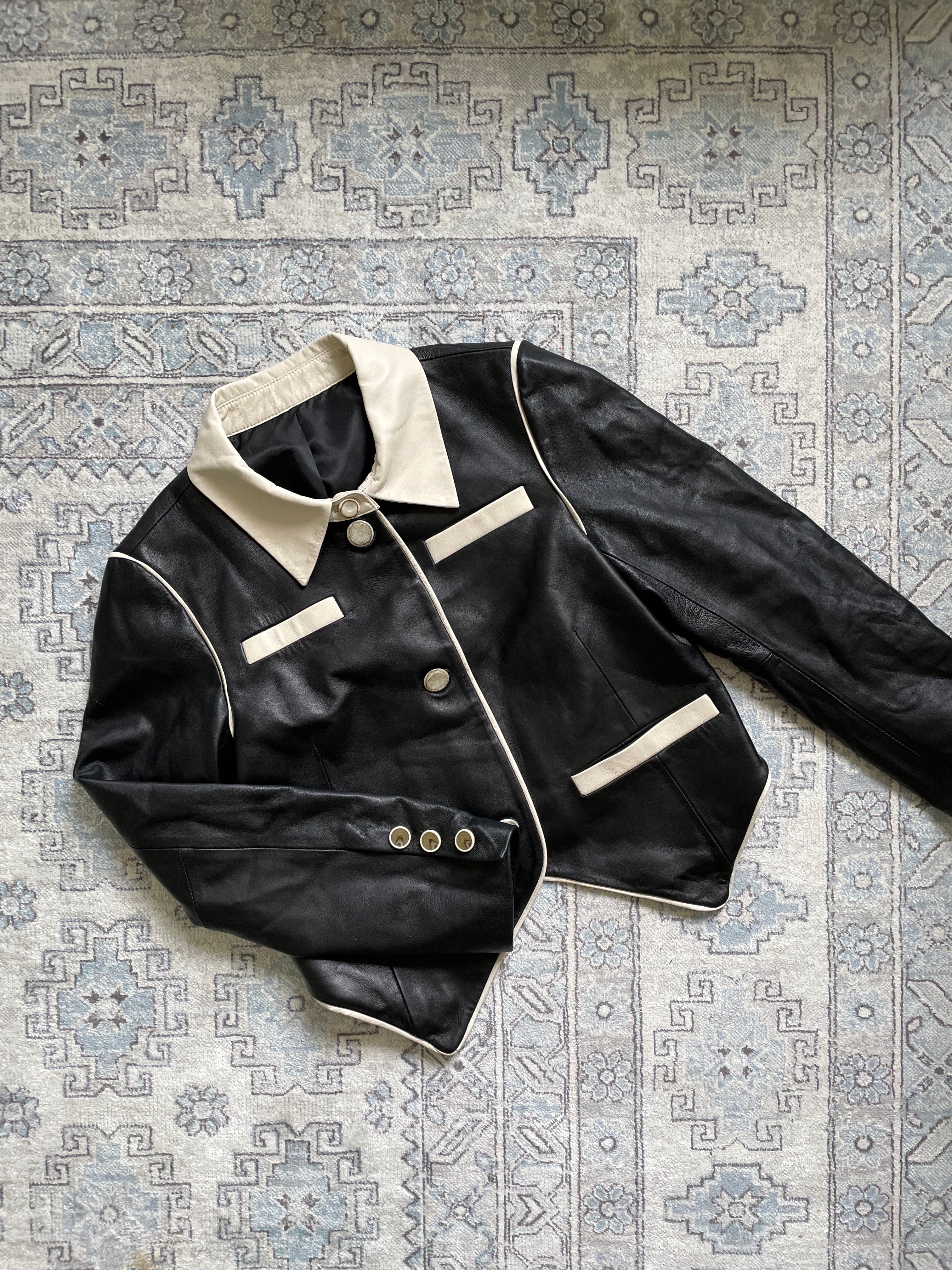 Black Leather Spencer Jacket w/ Ivory Trim 2800HKD