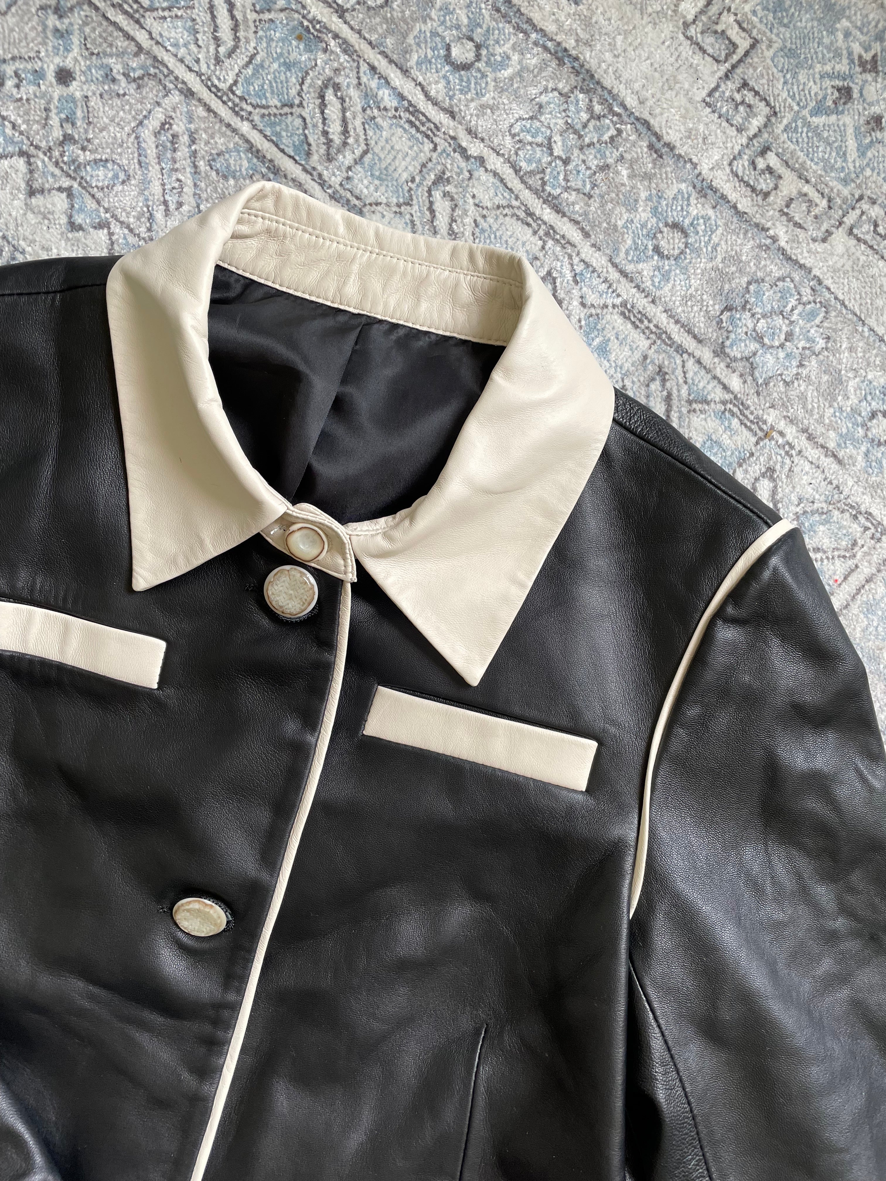 Black Leather Spencer Jacket w/ Ivory Trim 2800HKD