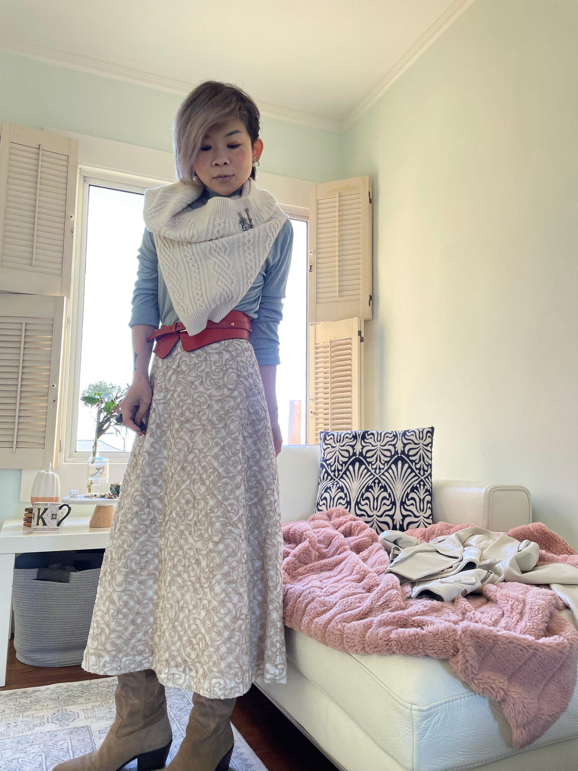 Cream Mesh Lace Embroidery Midi Skirt HKD 1680
